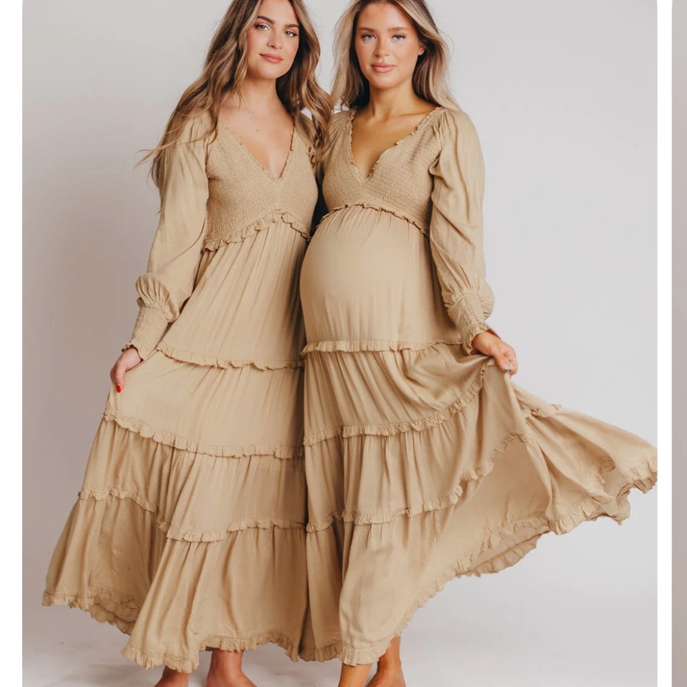 COPY - Pippa Long-Sleeved Smocked Maxi Dress in Taupe - Bump Friendly